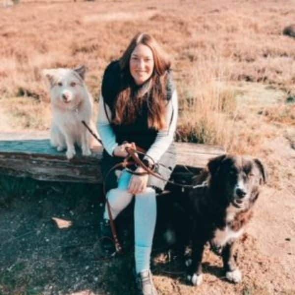 Stephanie sitzt auf einer Holzbank, vor ihr ihre zwei Hunde.