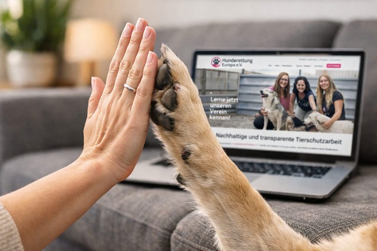 Eine Frauenhand schlägt mit einer hellbraunen Hundepfote zum High Five ein. Im Hintergrund ein Laptop mit der Website von Hunderettung Europa