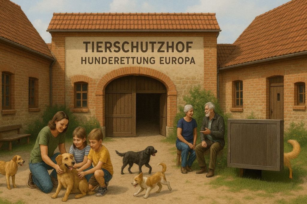 KI-generiertes Bild vom Eingang eines Tierschutzhofes mit Menschen, die Hunde streicheln