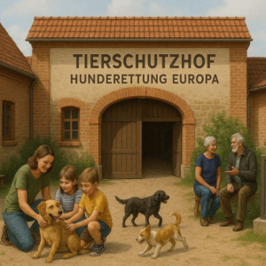 KI-generiertes Bild vom Eingang eines Tierschutzhofes mit Menschen, die Hunde streicheln