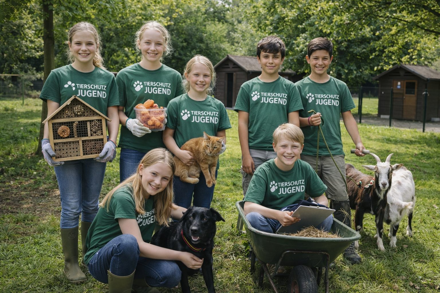 Gruppenbild von sieben Kindern und Jugendlichen mit grünen T-Shirts, auf denen Tierschutz-Jugend steht