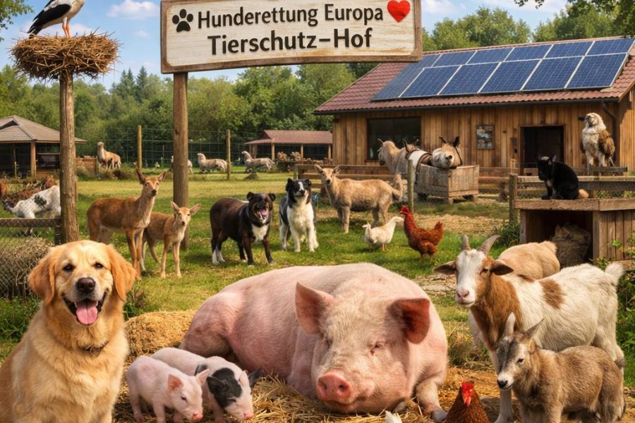 Viele Tiere KI-generiert vor einem Bauernhof