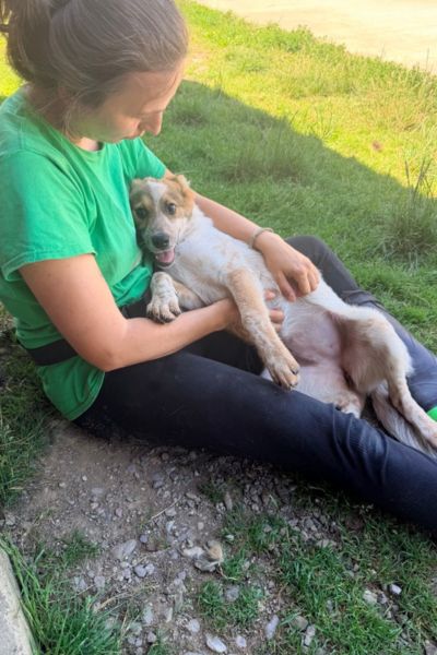 Raye liegt entspannt auf dem Schoß einer Pflegerin im Freien.