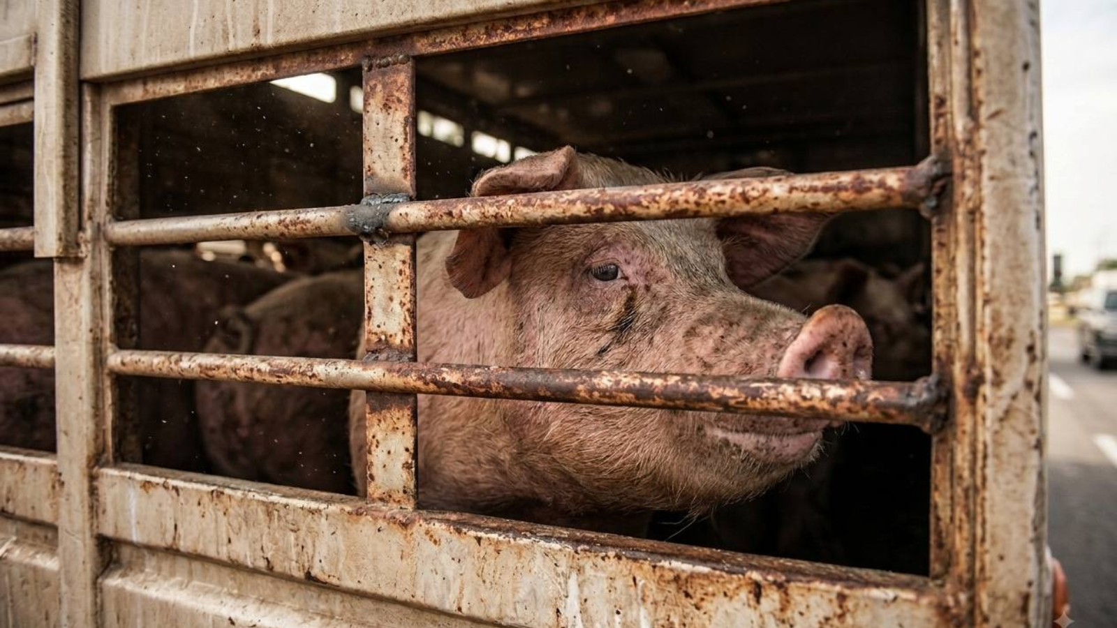 Ein Schwein in einem Tiertransporter