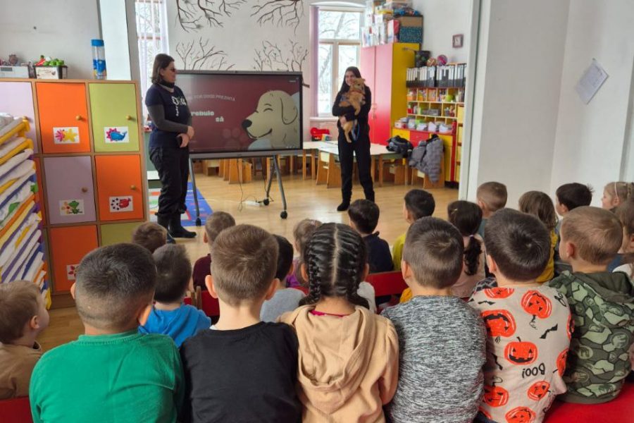 Eine Klasse hört gespannt den Tierschützerinnen zu